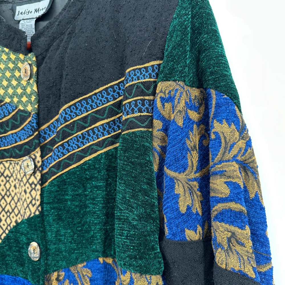VTG Indigo Moon Patchwork Jacket Womens Large Art Lagenlook Tapestry Boho Whimsi - Picture 8 of 12
